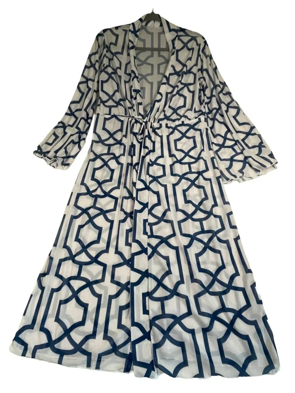 Blue White Geometric Maxi Swim Cover Up Kimono Tie Waist Resort Beach M/L